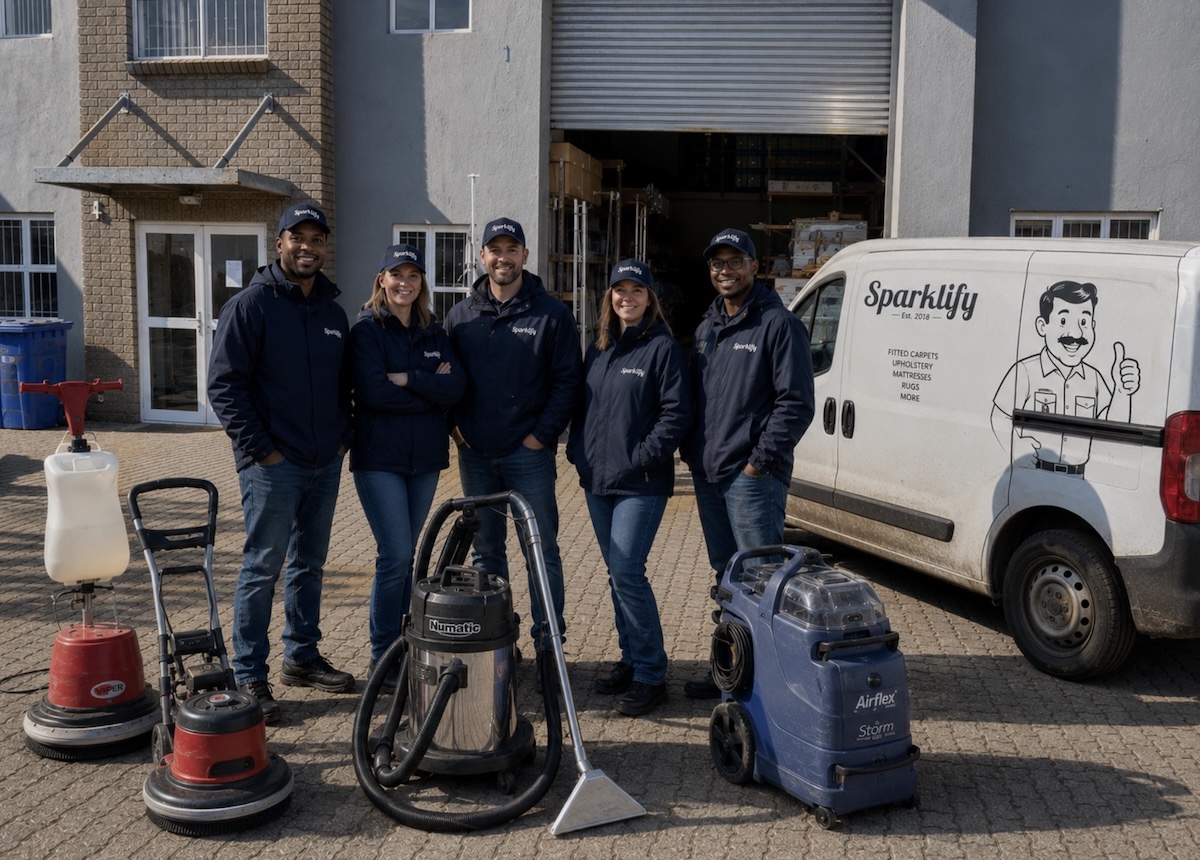The Sparklify team in uniform with their branded van and professional carpet cleaning equipment