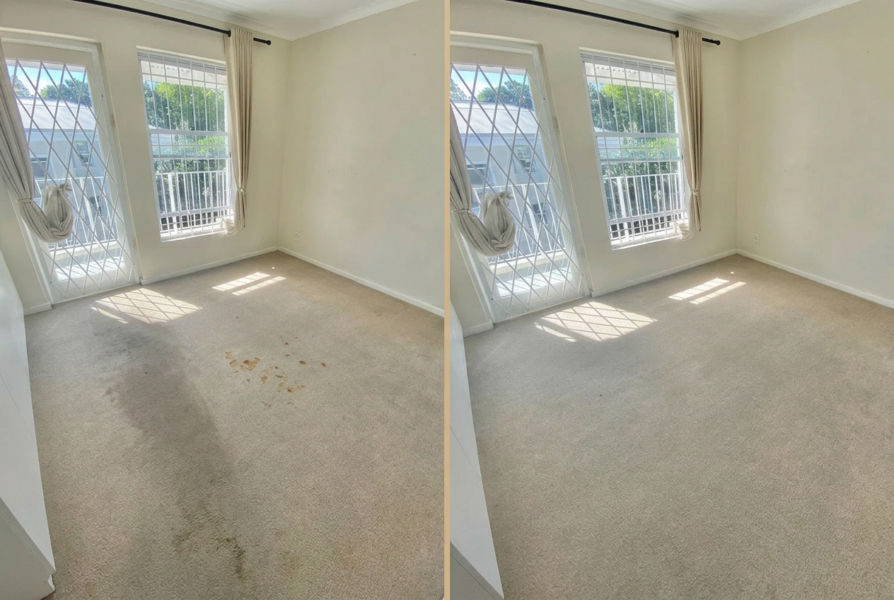 Bedroom carpet before and after end-of-tenancy clean — dark traffic lanes and stains lifted to reveal original beige carpet in a Bellville rental.