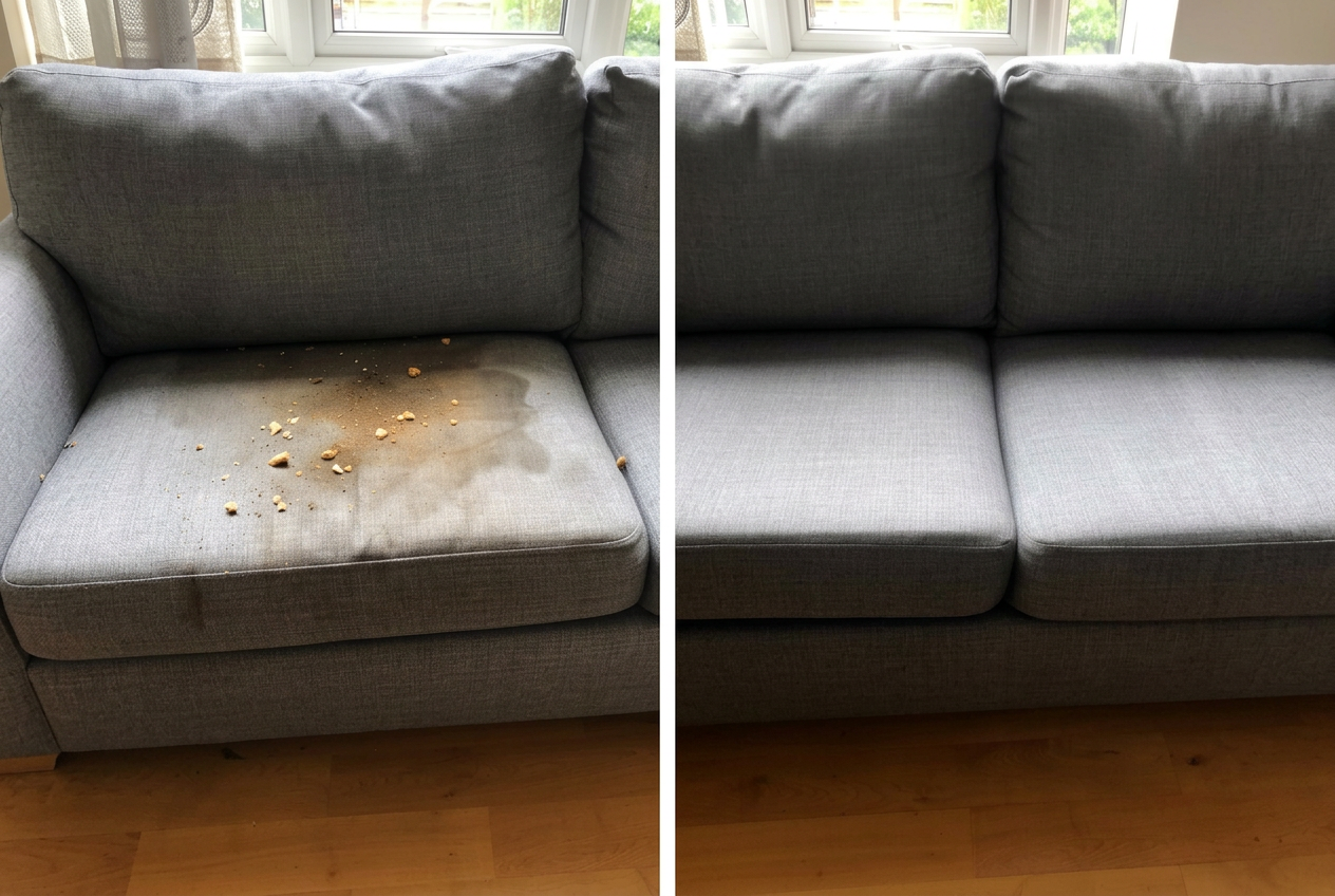 Grey three-seater couch before and after deep cleaning — visible food and juice stains removed from the cushions in a Sea Point apartment.