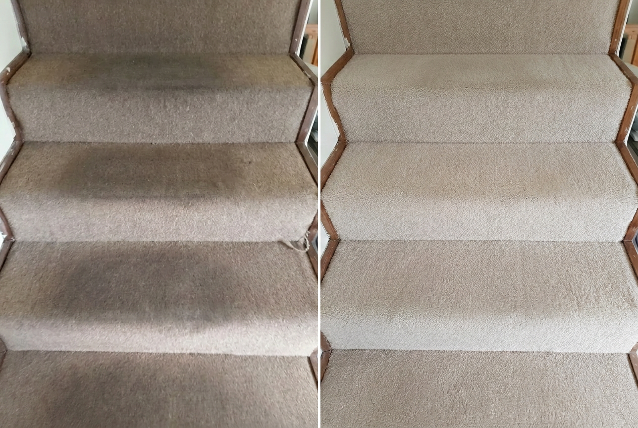 Carpeted staircase before and after professional cleaning — dark high-traffic patches on each step restored to the original cream colour in a Durbanville home.