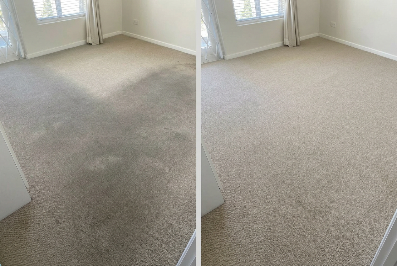 Side-by-side bedroom carpet — heavy dirt and dark stains on the left, freshly steam-cleaned light fibres on the right, in a Rondebosch home.